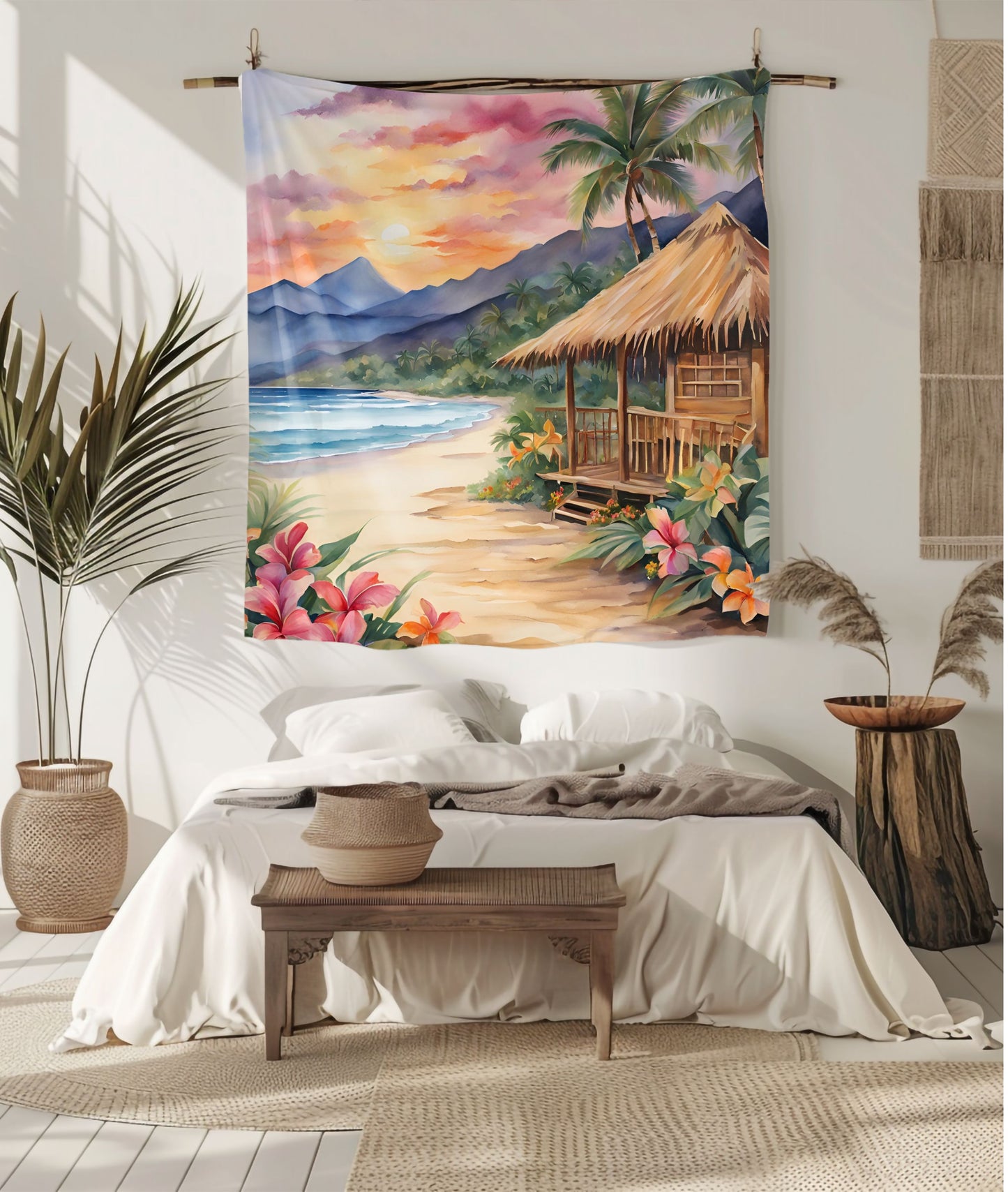 Sunset Oasis Tiki Hut Tapestry