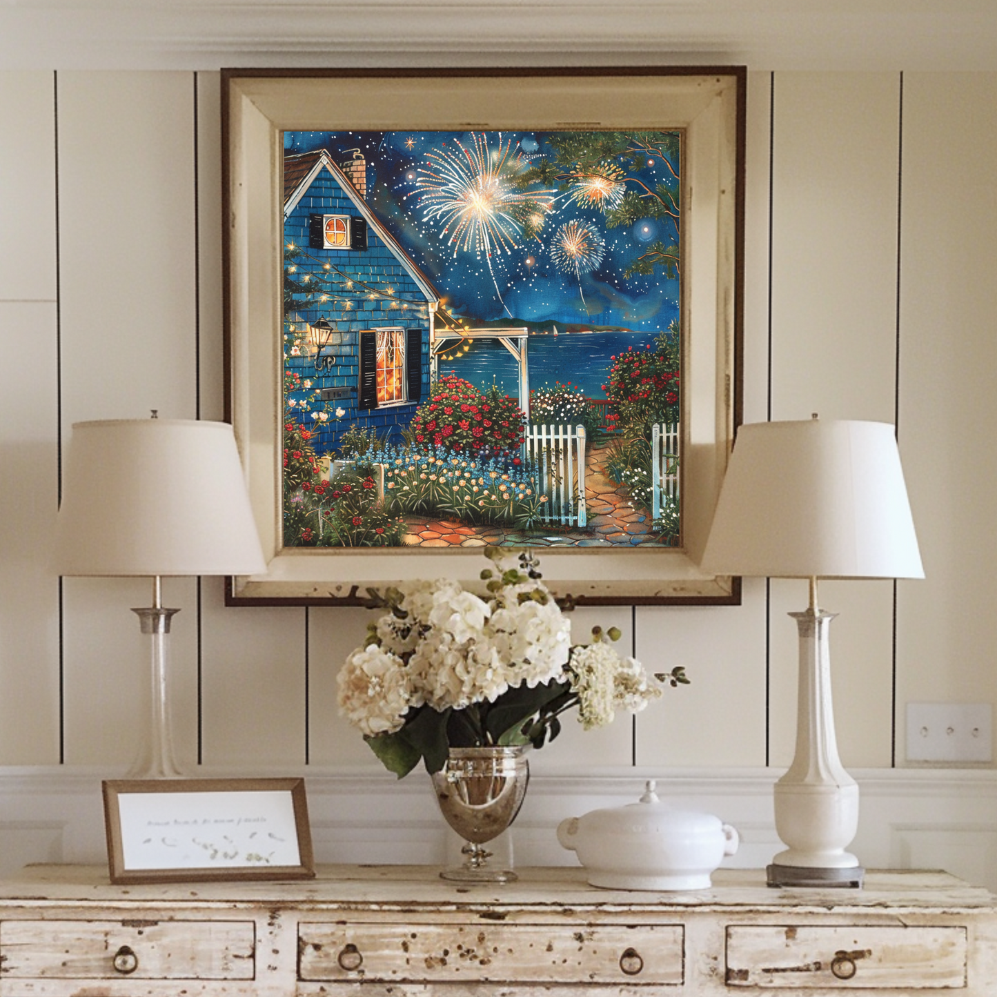 Cape Cod Cottage Fireworks at night Canvas Art Print