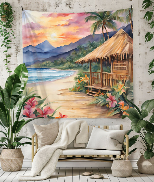 Sunset Oasis Tiki Hut Tapestry