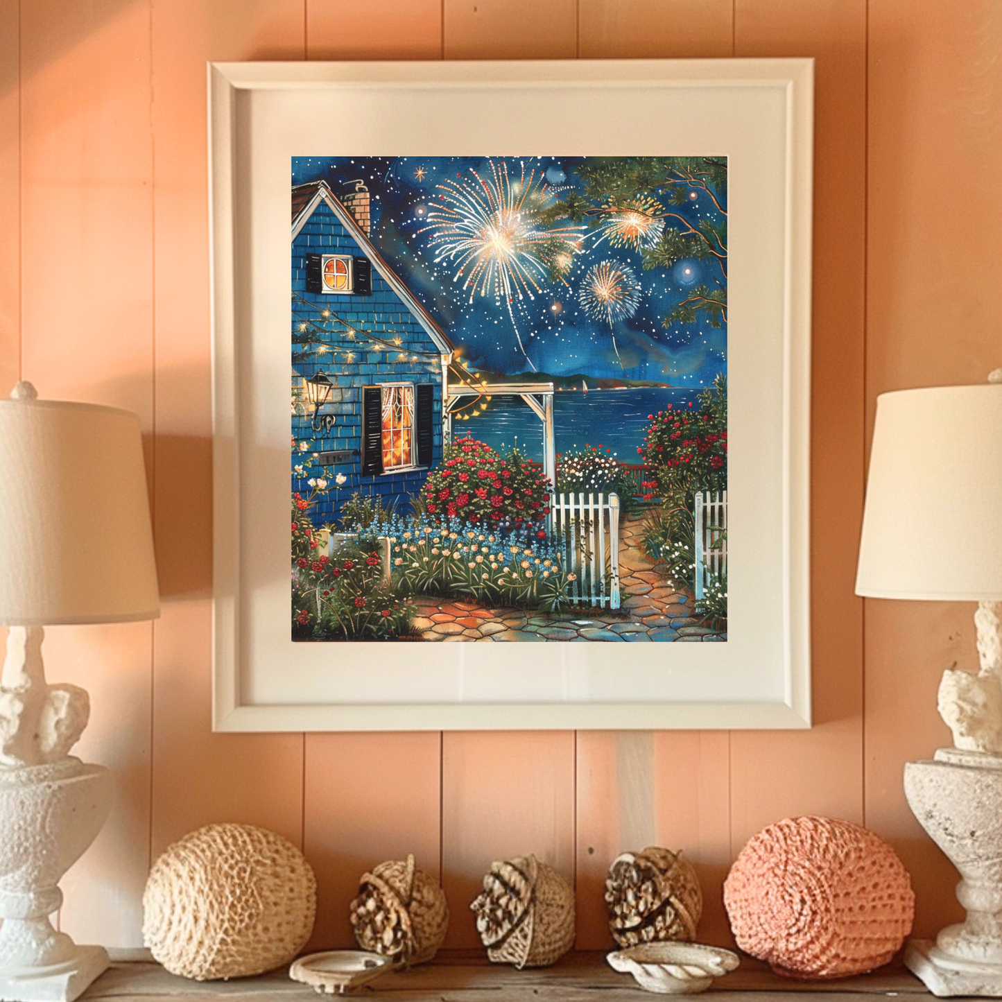 Cape Cod Cottage Fireworks at night Canvas Art Print